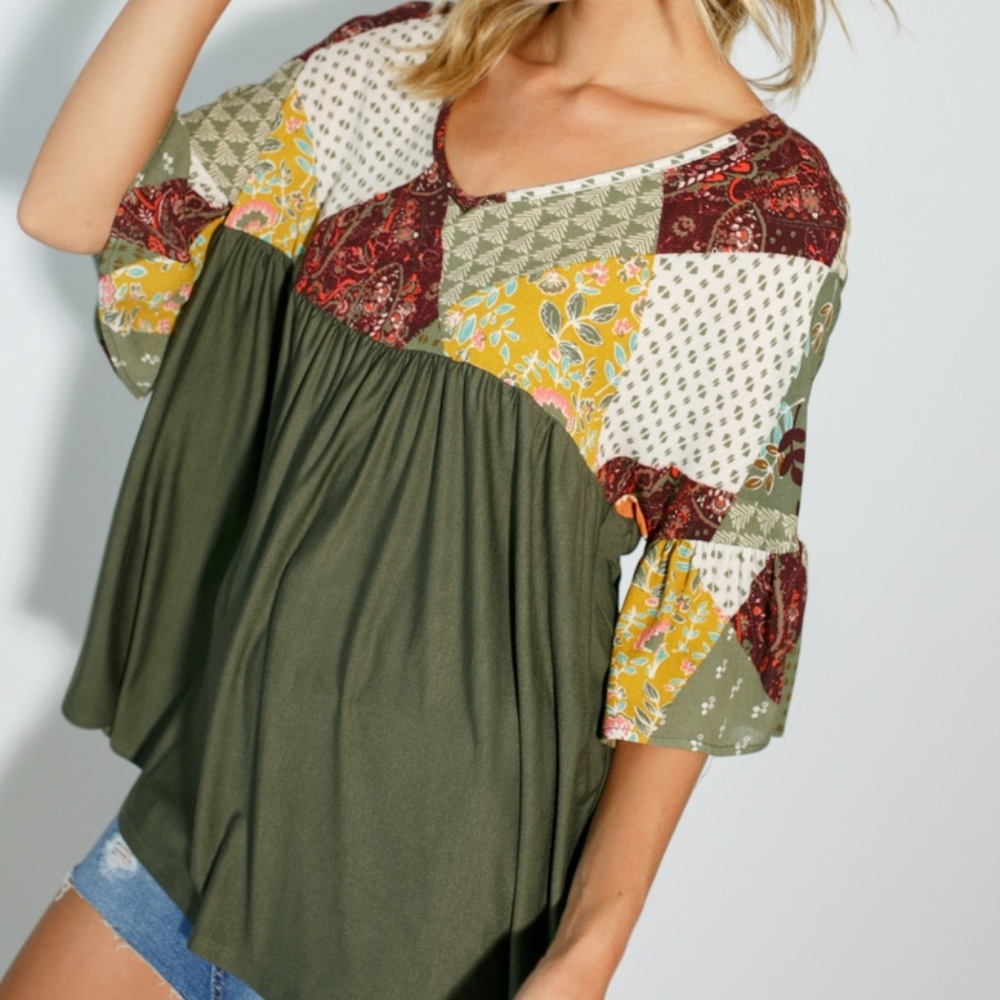 **LAST ONE**Olive Color-Block Paisley Baby Doll Top - Picture 6 of 7